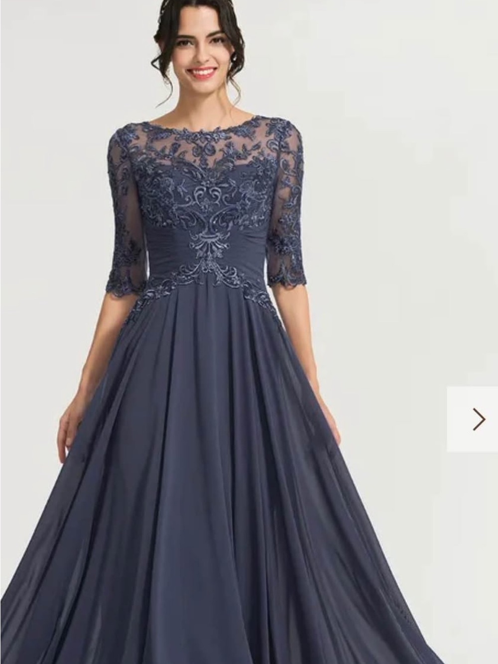 JJs House Navy Lace Appliqué Illusion Long-Sleeve Evening Dress